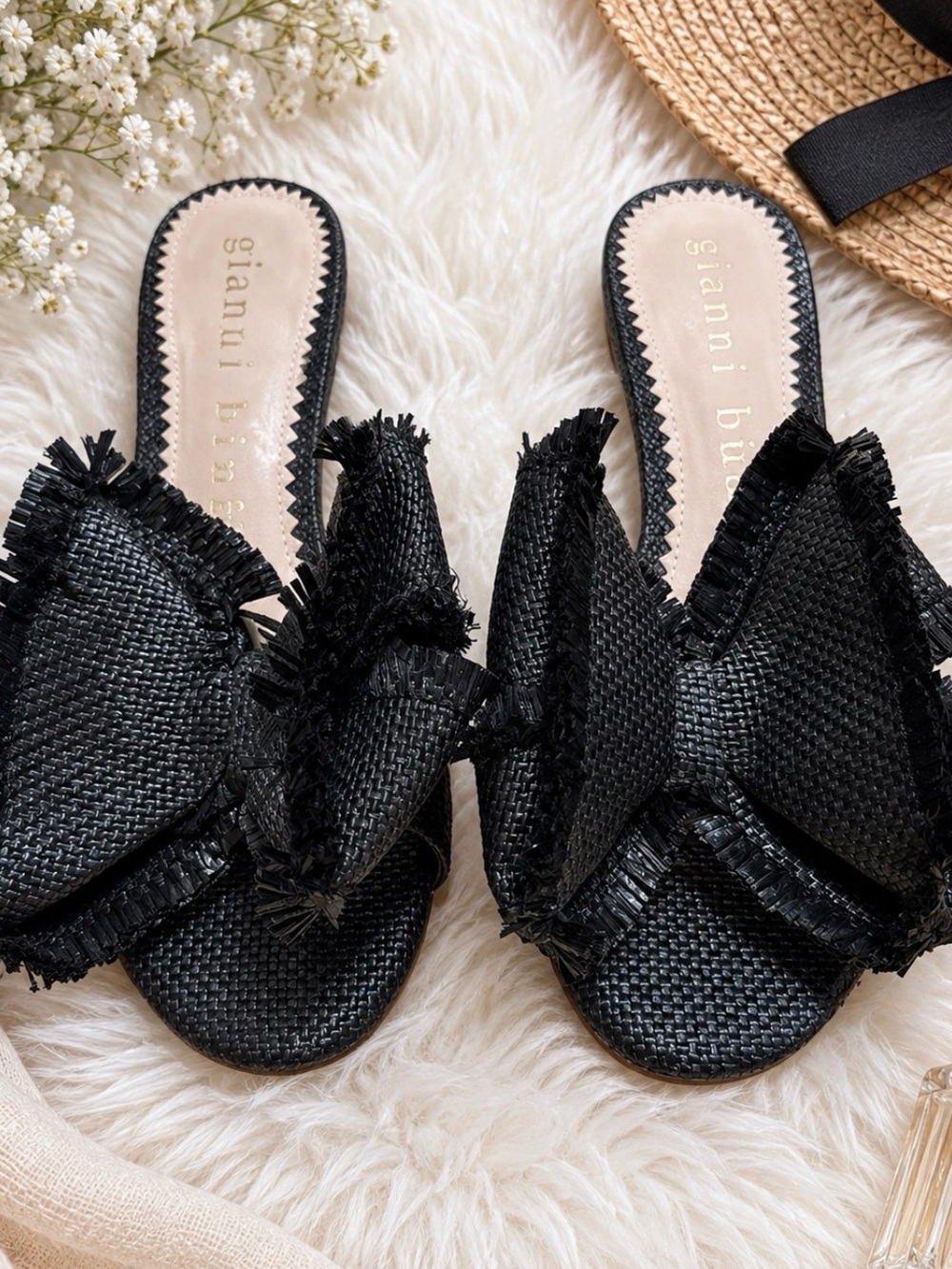 Wendell Black Raffia Mules Kitten Heels With Fringe Bow